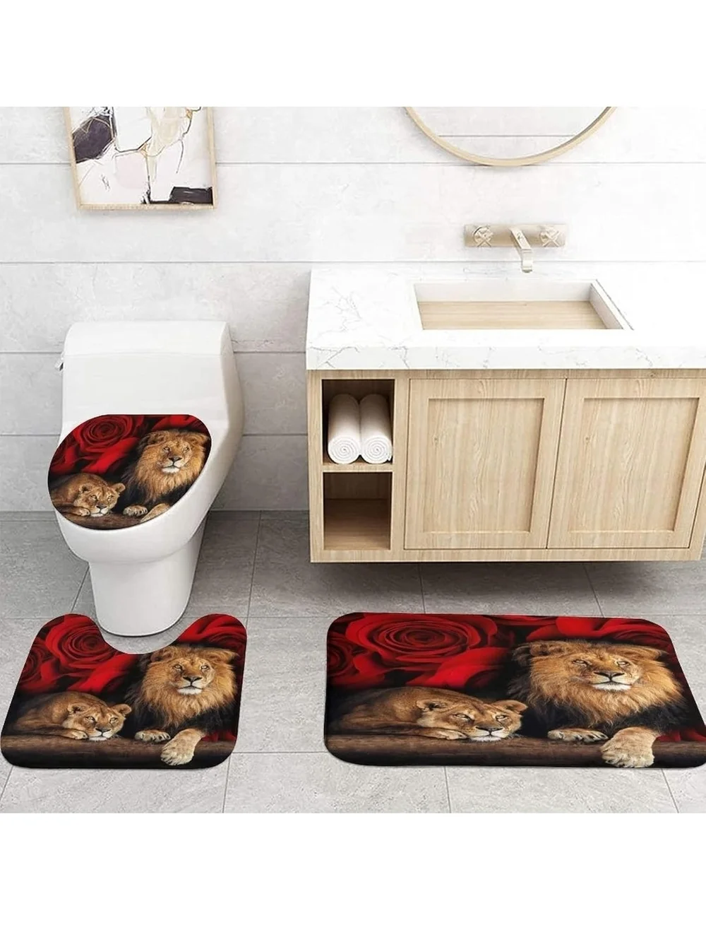 Lion & Rose Bathroom Set Shower Curtain and Rugs - Red Brown